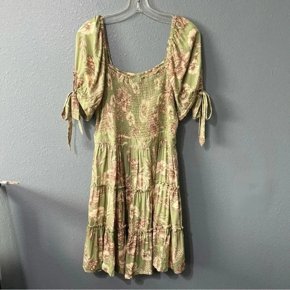 NWOT Aguabendita Floral Dress Women’s Sz MED 100% Rayon Green/Beige Tie Sleeves - Picture 5 of 9